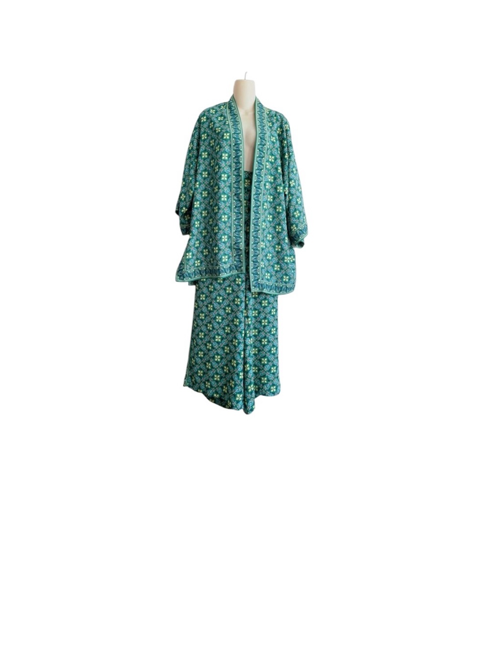 Max Studio Kimono Green Floral Wide-Leg Pants Set - Picture 2 of 11